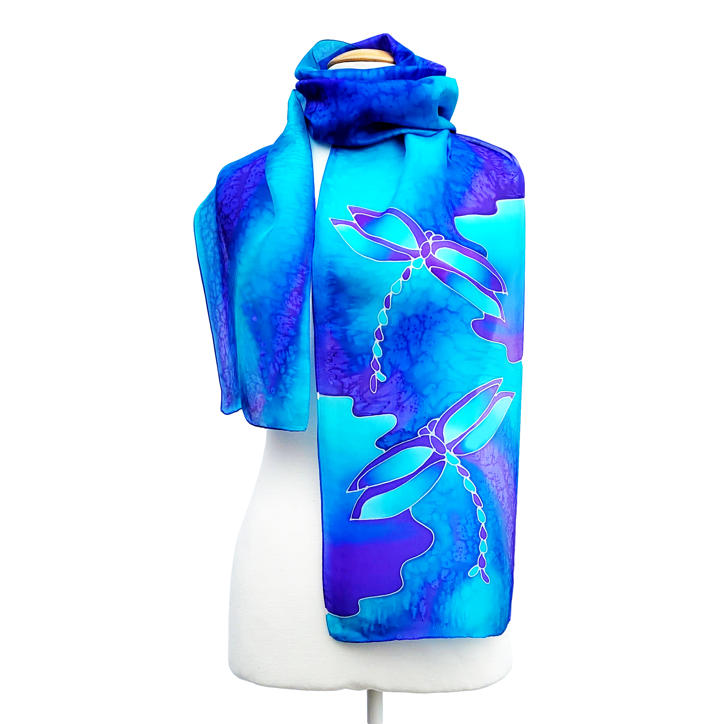 Dragonfly silk scarf hand painted blue purple color handmade by Lynne Kiel
