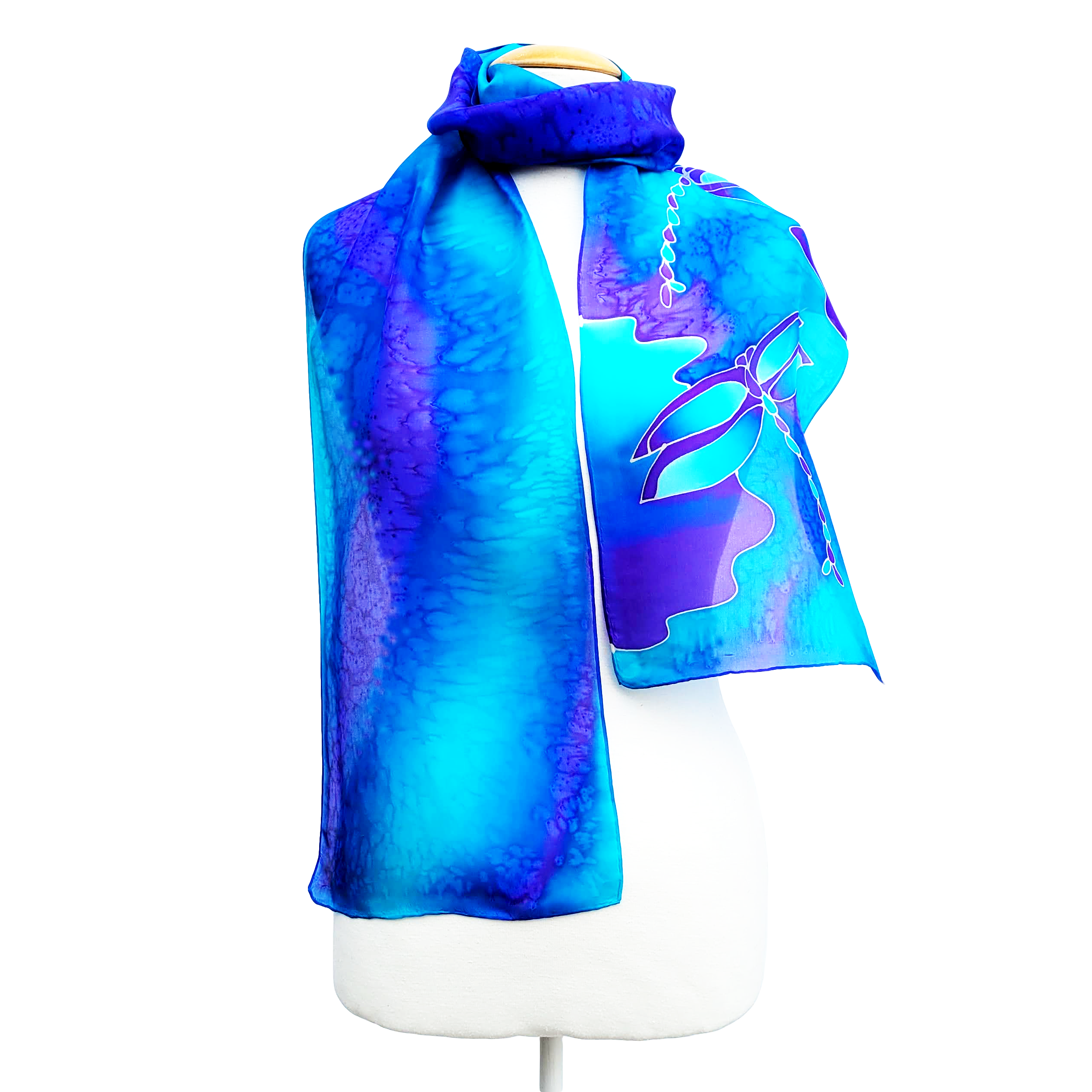 blue silk scarf for women hand painted purple blue dragonfly art design handmade by Lynne Kiel