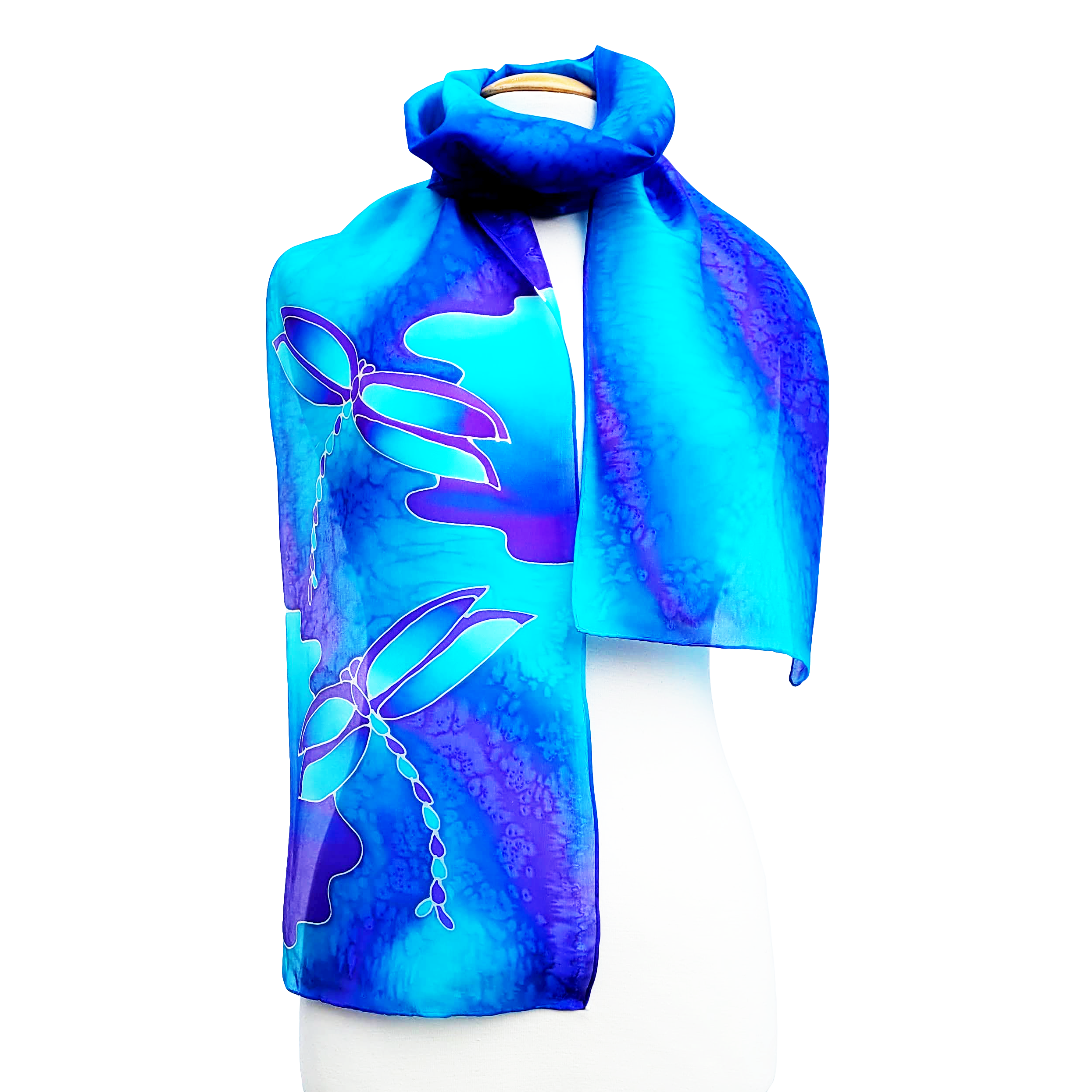 silk clothing hand painted scarf blue dragonflies art design made in Canada by Lynne Kiel