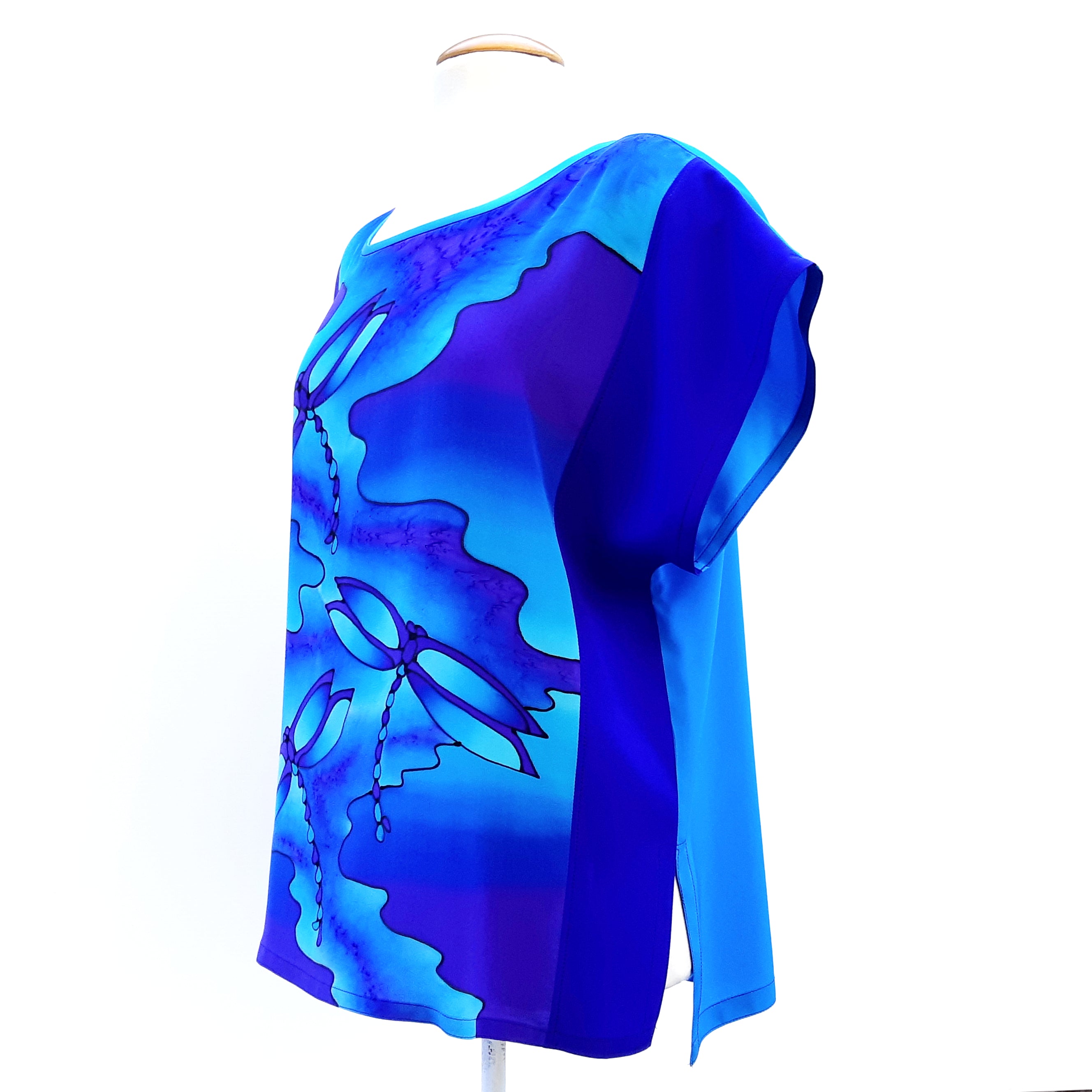 Hand painted silk clothing blue silk top for ladies handmade by Lynne Kiel