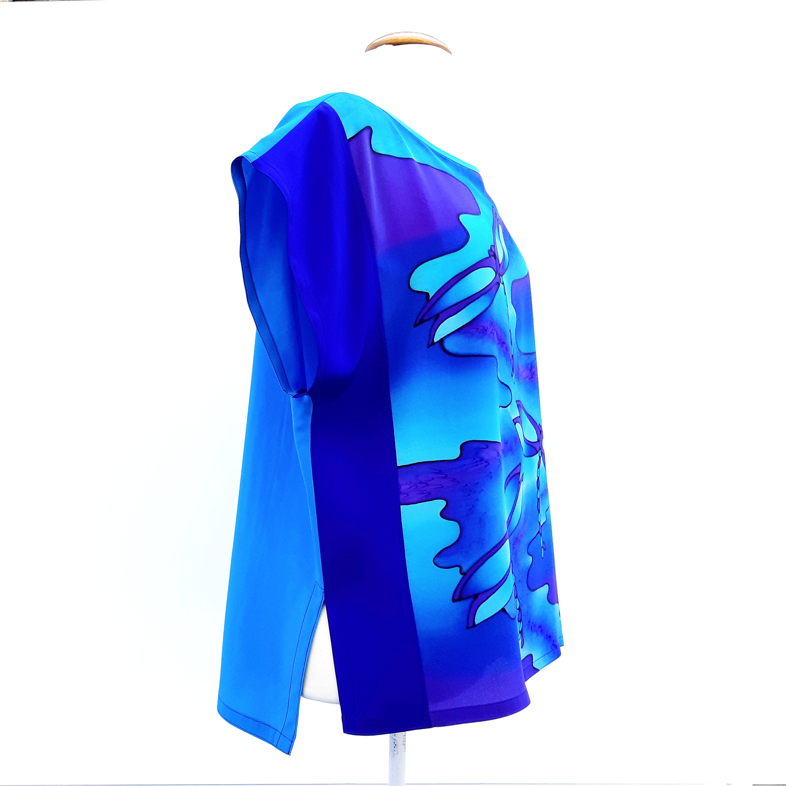 Blue silk top for women hand painted dragonfly art design handmade by Lynne Kiel