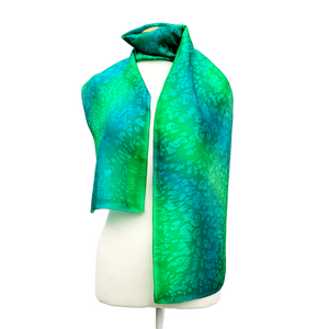 hand painted pure silk long green scarf for women hand made in Canada by Lynne Kiel