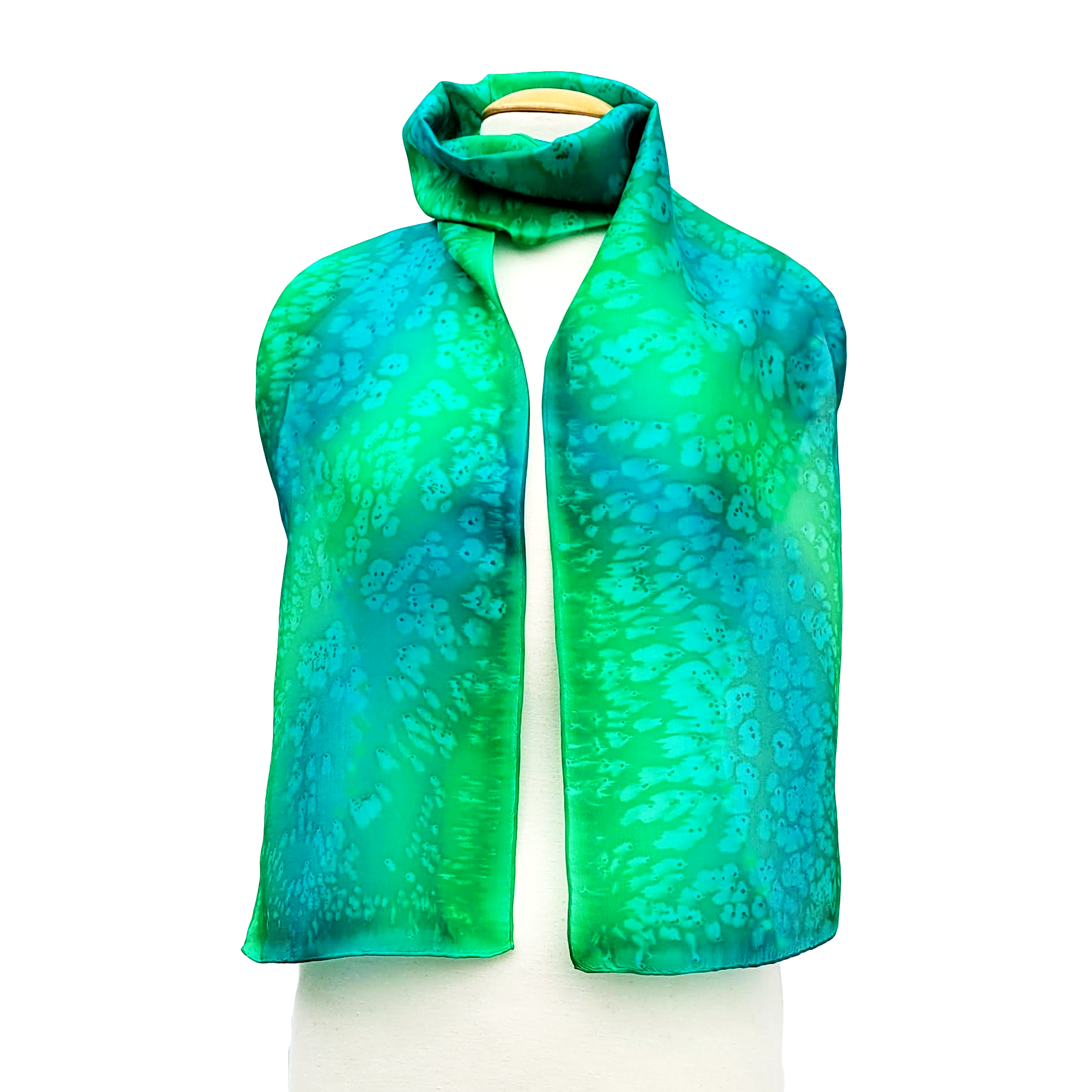 green tie-dye hand painted silk scarf women's clothing handmade by Lynne Kiel