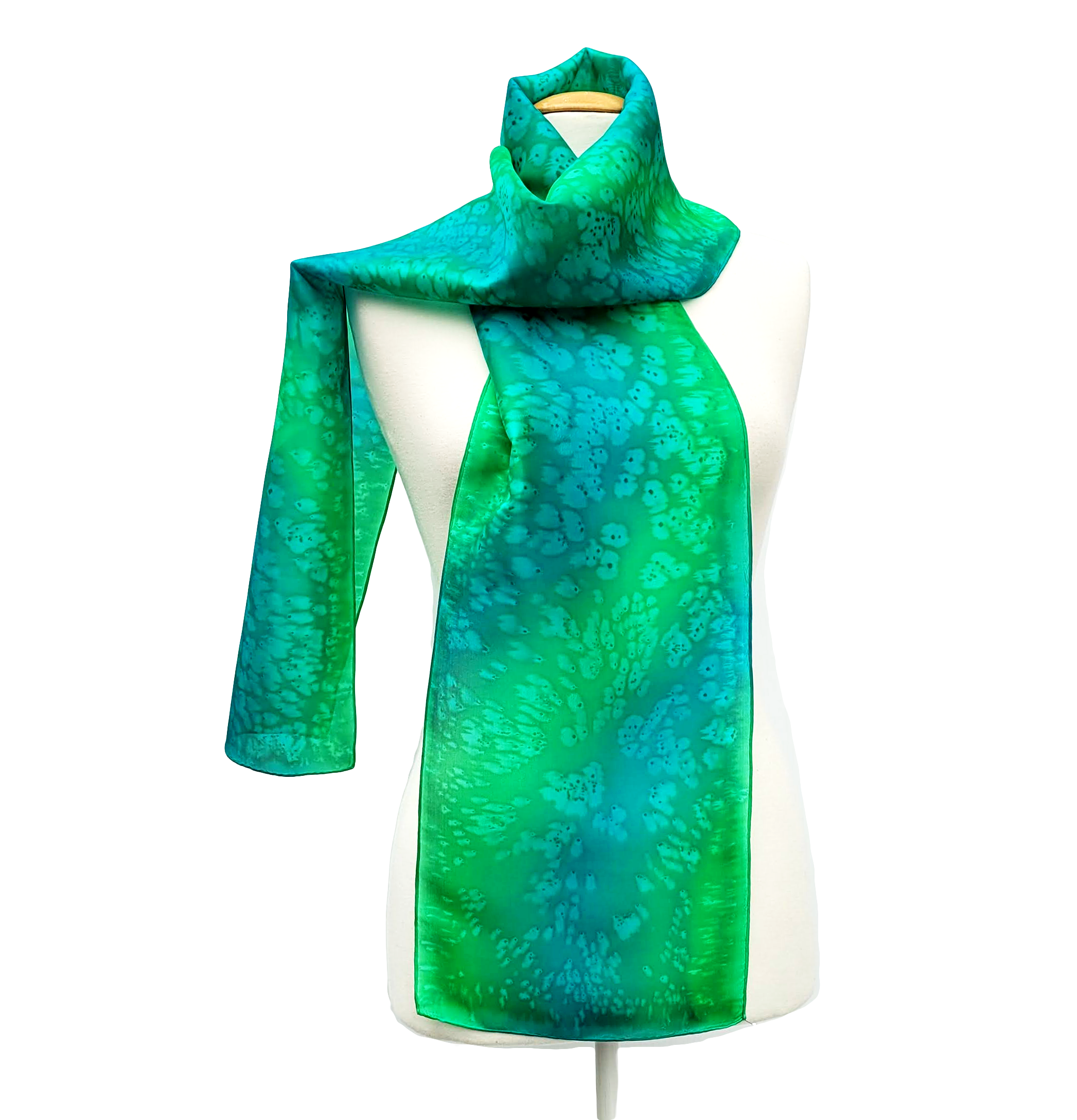 green silk scarf hand painted by Lynne Kiel Made in Canada