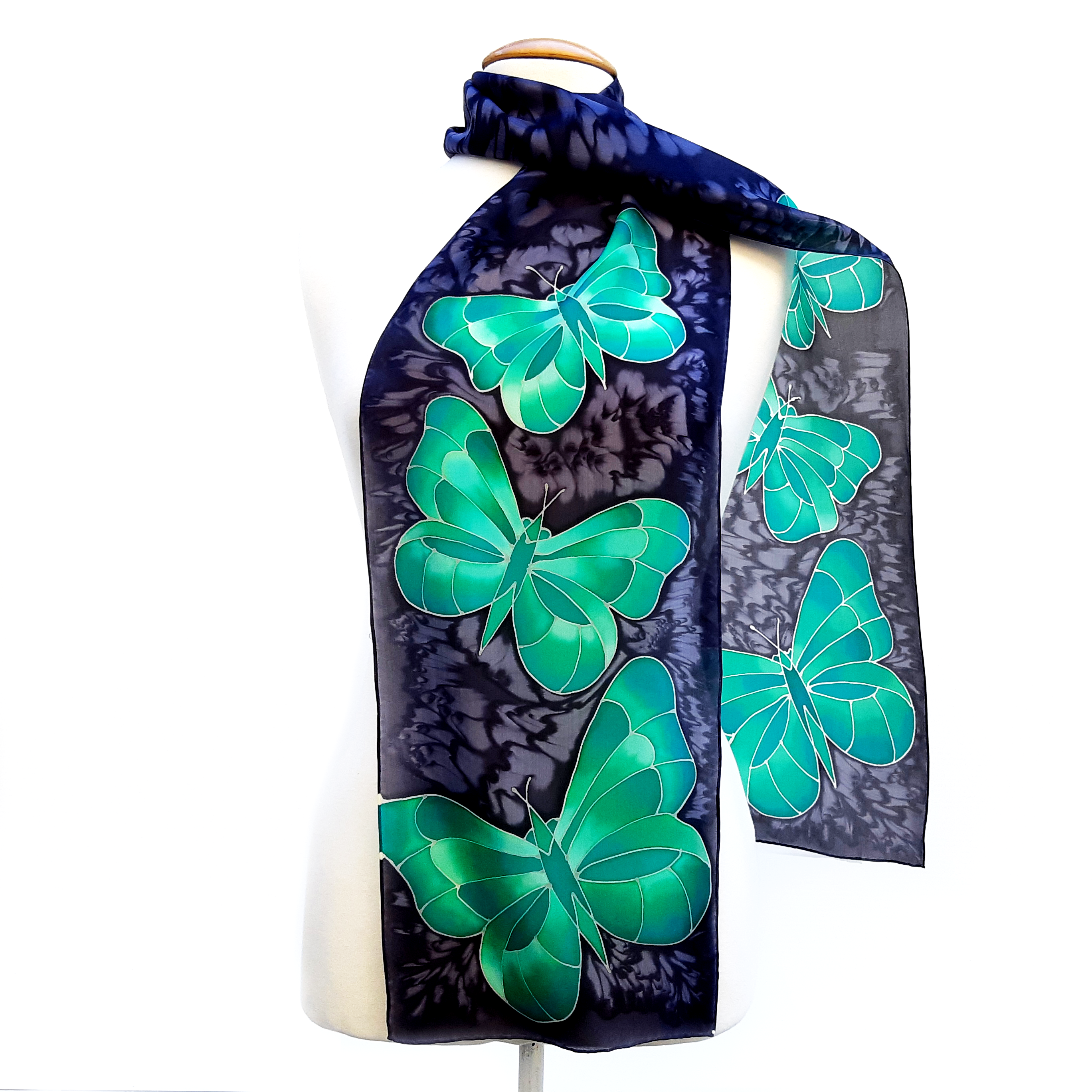 hand painted silk green butterflies on black scarf handmade by Lynne Kiel