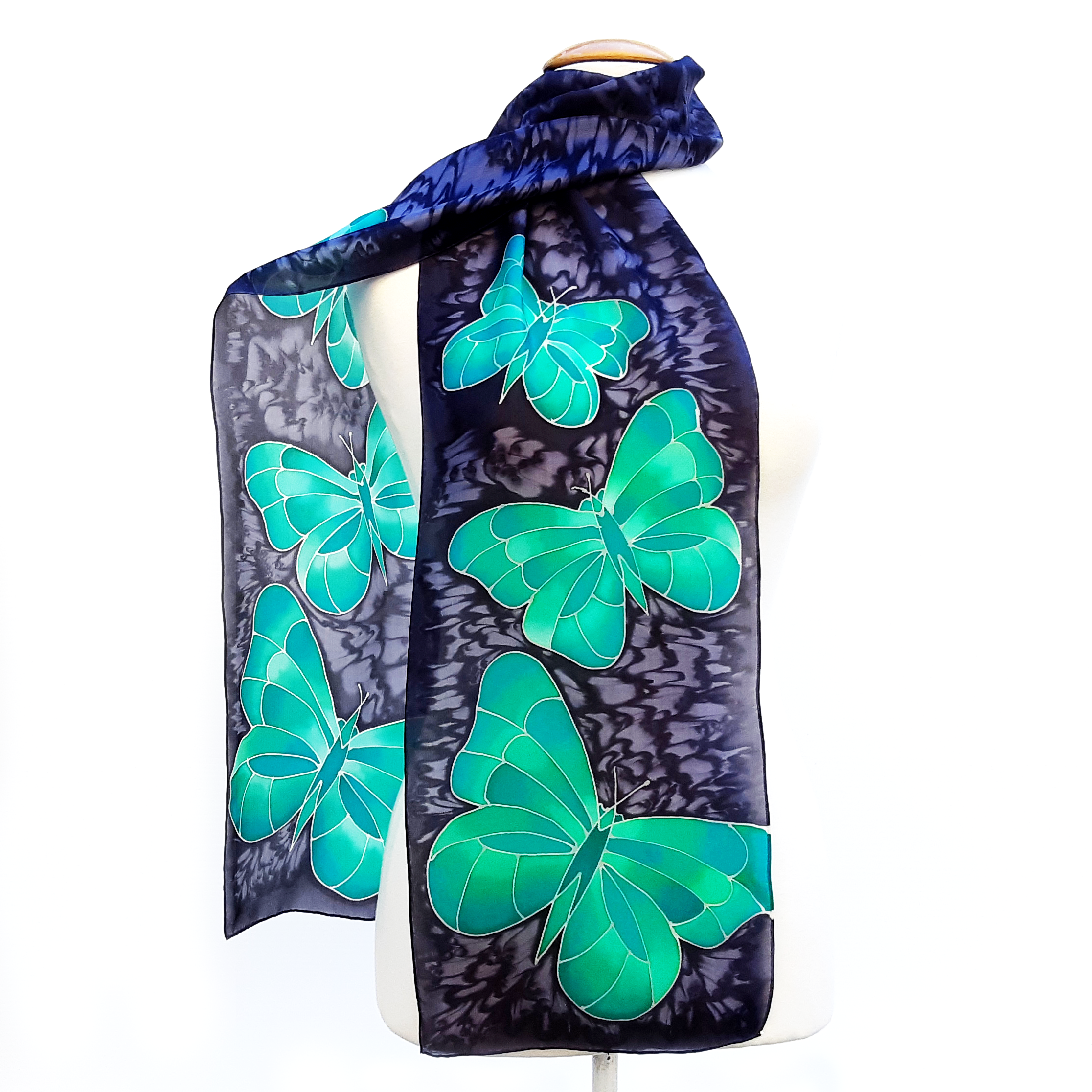 butterfly long silk scarf green and black colors hand painted by Lynne Kiel