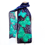 Load image into Gallery viewer, butterfly long silk scarf green and black colors hand painted by Lynne Kiel
