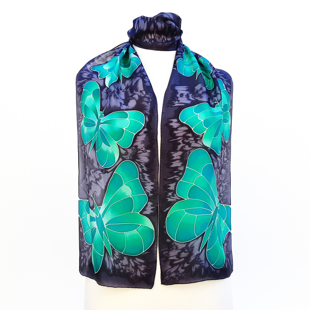 Emerald green butterflies hand painted silk design art long scarf made by Lynne Kiel