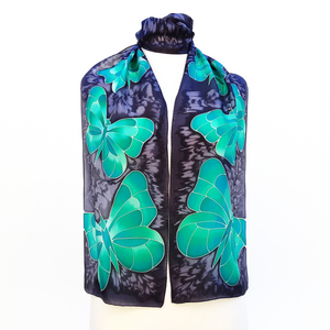 Emerald green butterflies hand painted silk design art long scarf made by Lynne Kiel