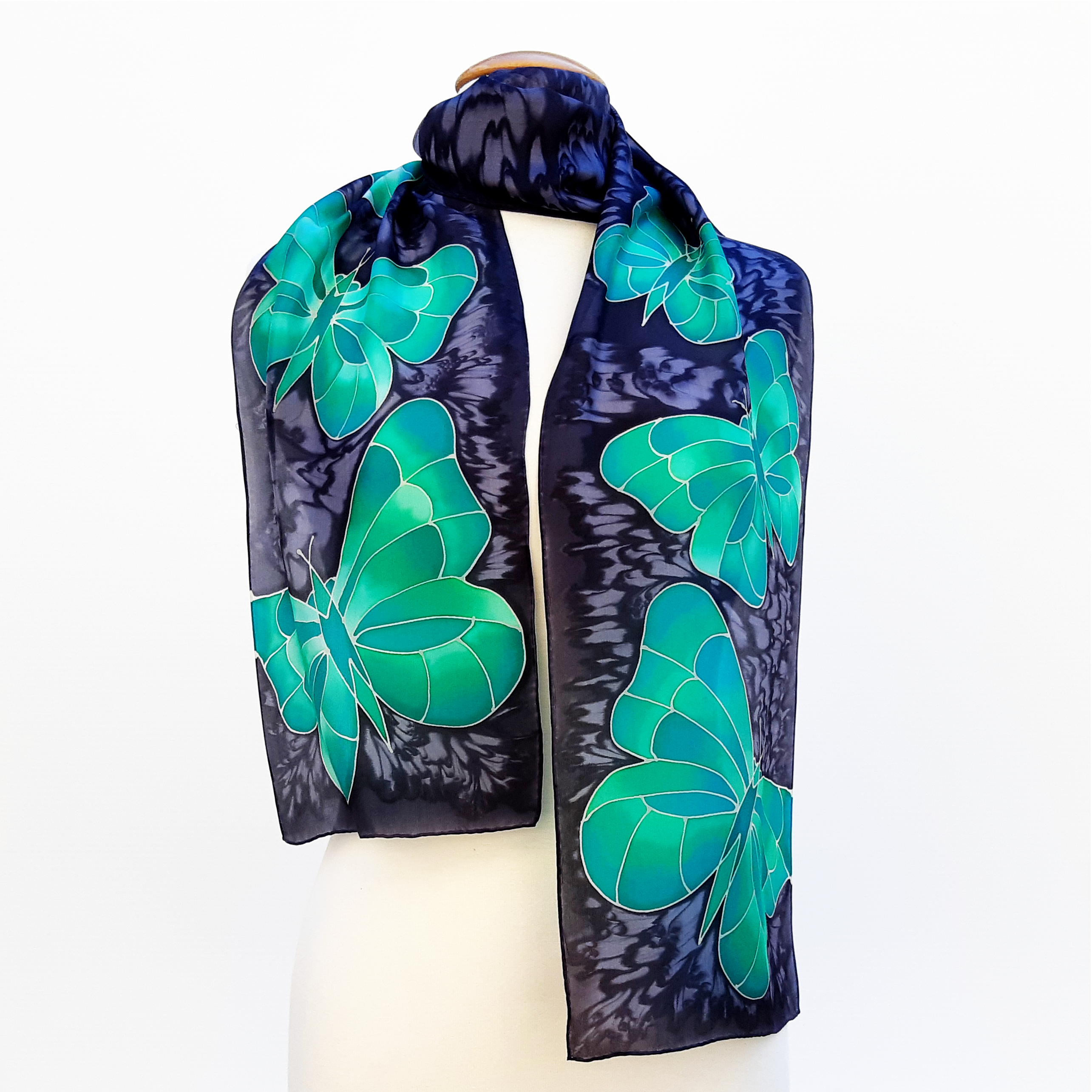 silk scarf hand painted green butterfly design art on black scarf made by Lynne Kiel