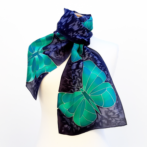 black silk scarf hand painted with green butterflies handmade in Canada by Lynne Kiel