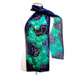 Load image into Gallery viewer, hand painted silk green butterflies on black scarf handmade by Lynne Kiel
