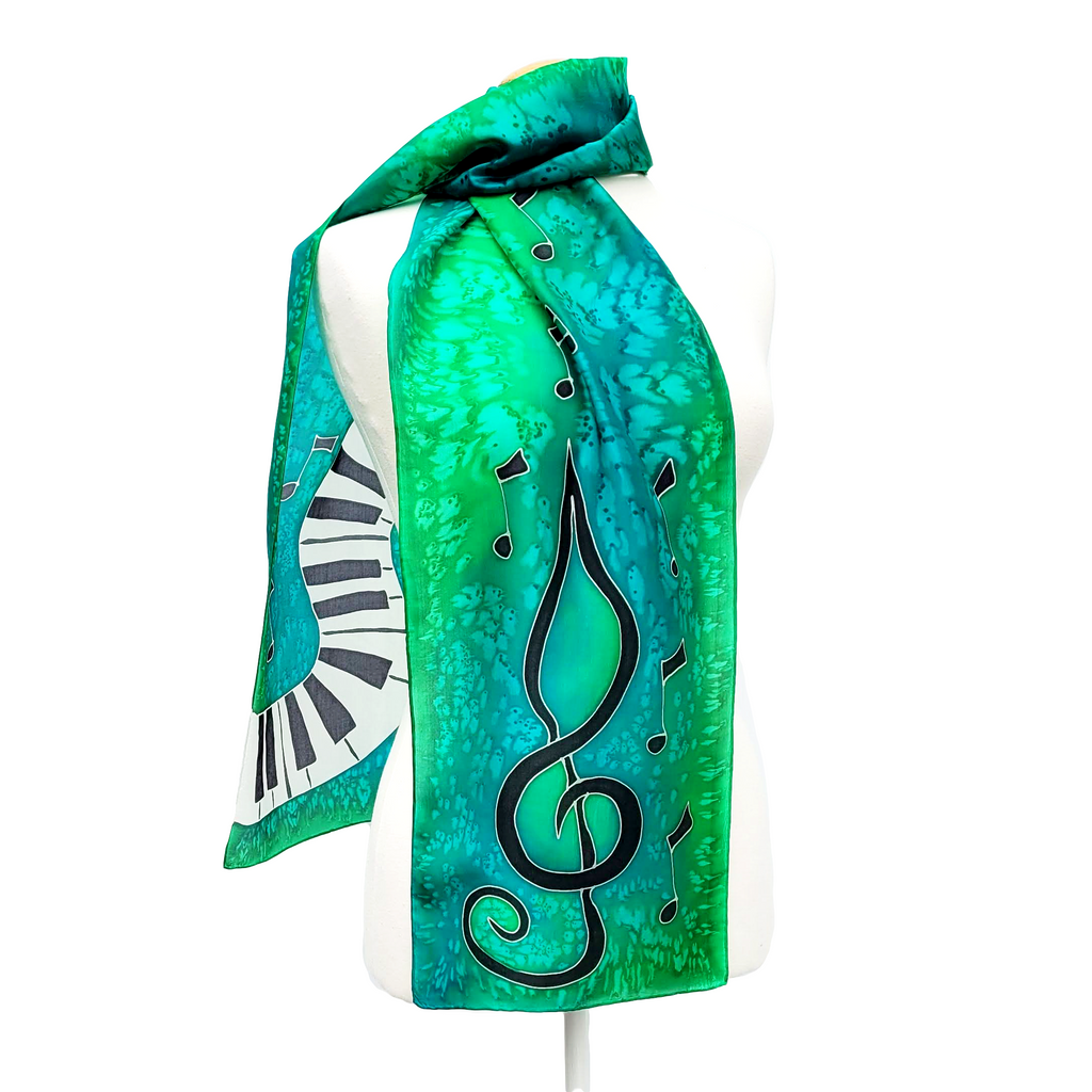 silk clothing hand painted silk scarf piano treble clef design art handmade by Lynne Kiel