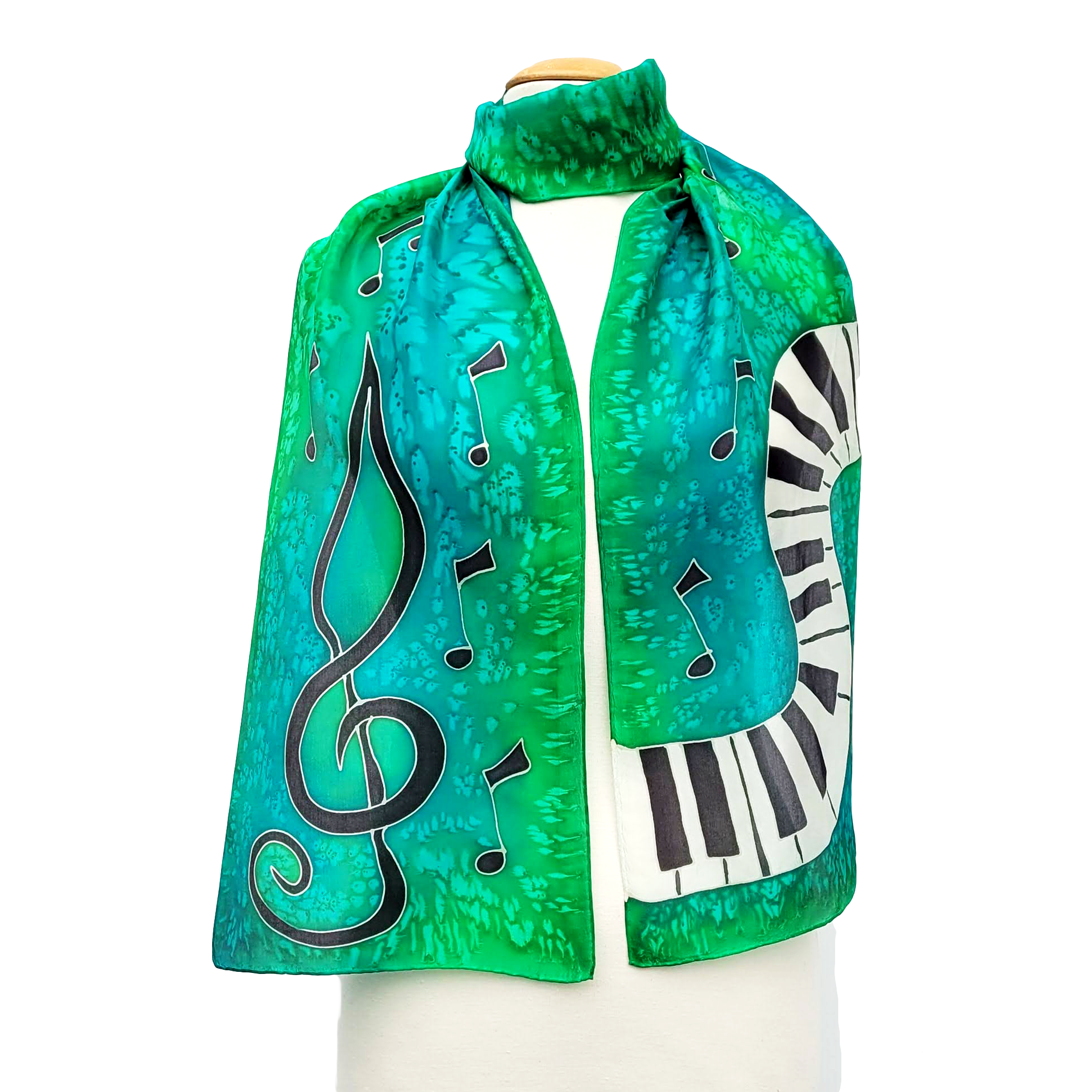 hand painted silk piano scarf green lime colors hand made by Lynne Kiel