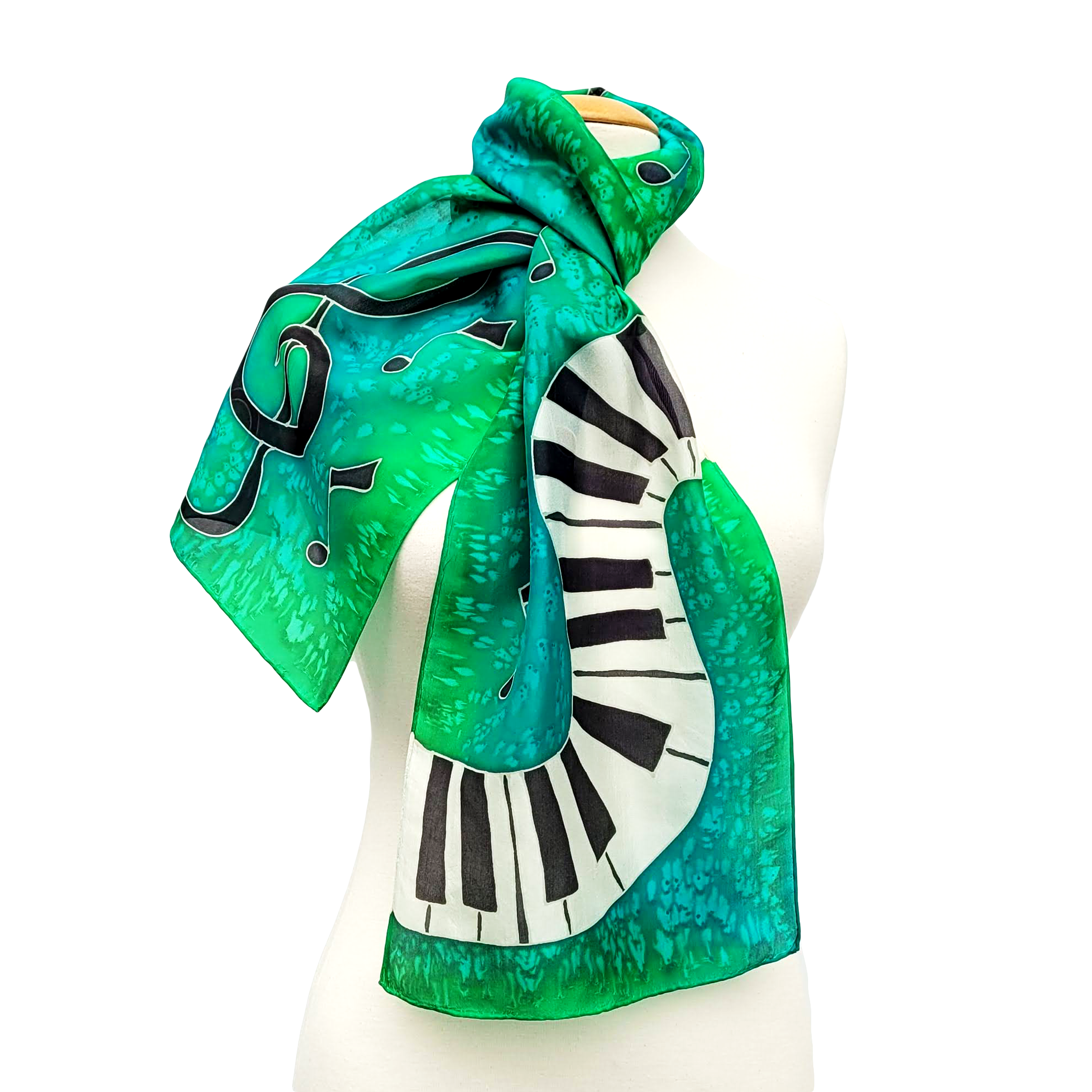 green silk hand painted scarf silk clothing piano design art made by Lynne Kiel