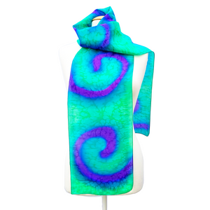 pure silk long scarf hand painted green and purple handmade by Lynne Kiel