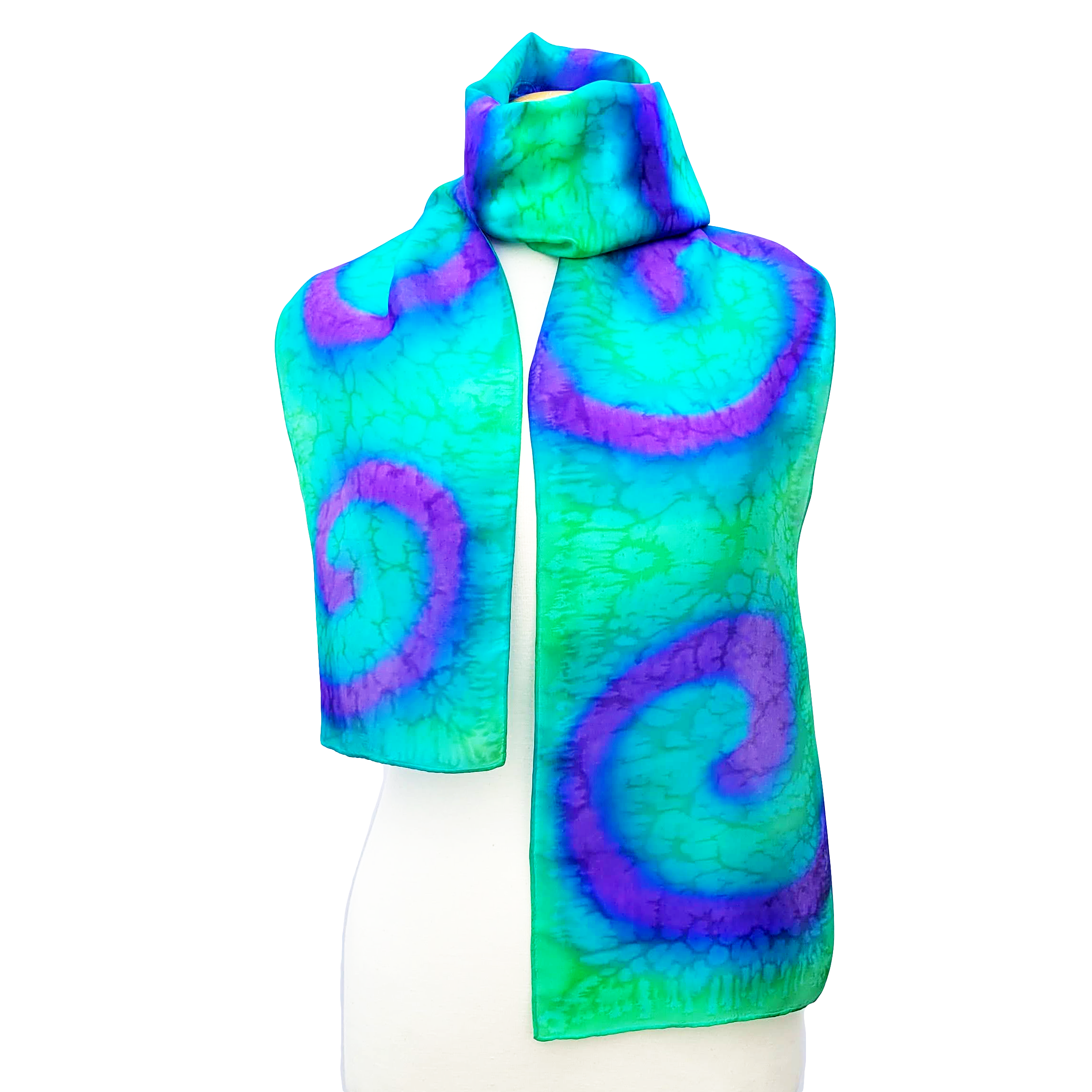 hand painted silk scarf tie dye green purple colors handmade in Canada by Lynne Kiel
