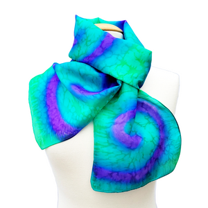 Tie dye long silk scarf green and purple colors handmade in Canada by Lynne Kiel