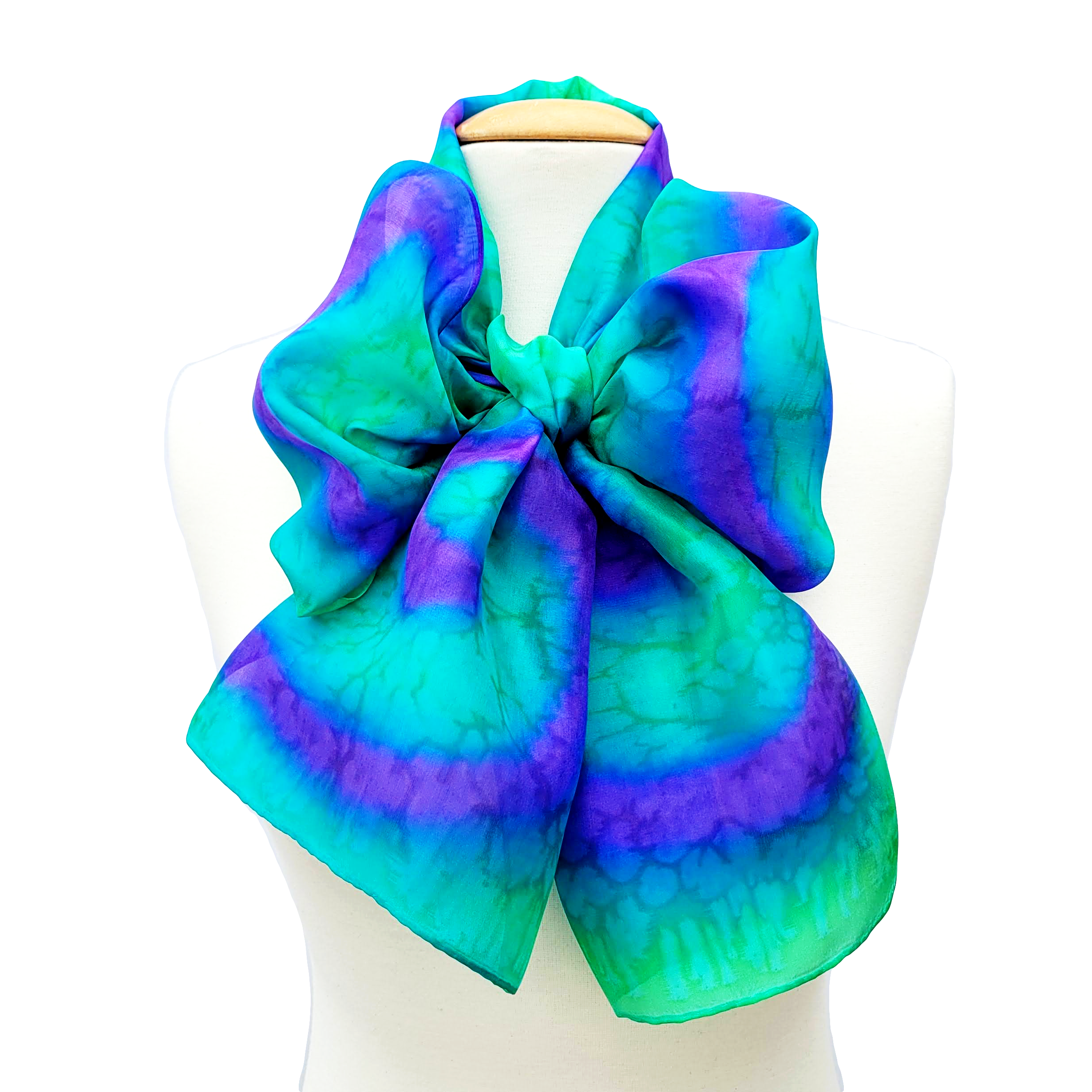 silk clothing  scarf accessory hand painted silk green purple tie dye handmade by Lynne Kiel 