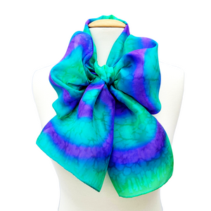 silk clothing  scarf accessory hand painted silk green purple tie dye handmade by Lynne Kiel 