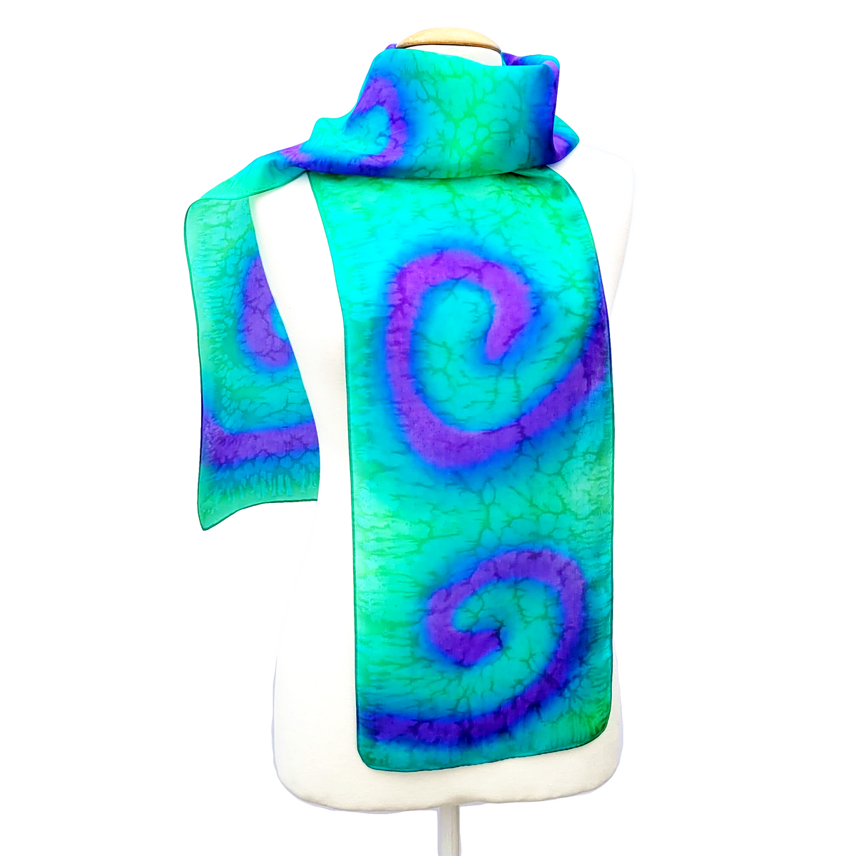 Green and Purple tie dye long silk scarf hand painted by Lynne Kiel