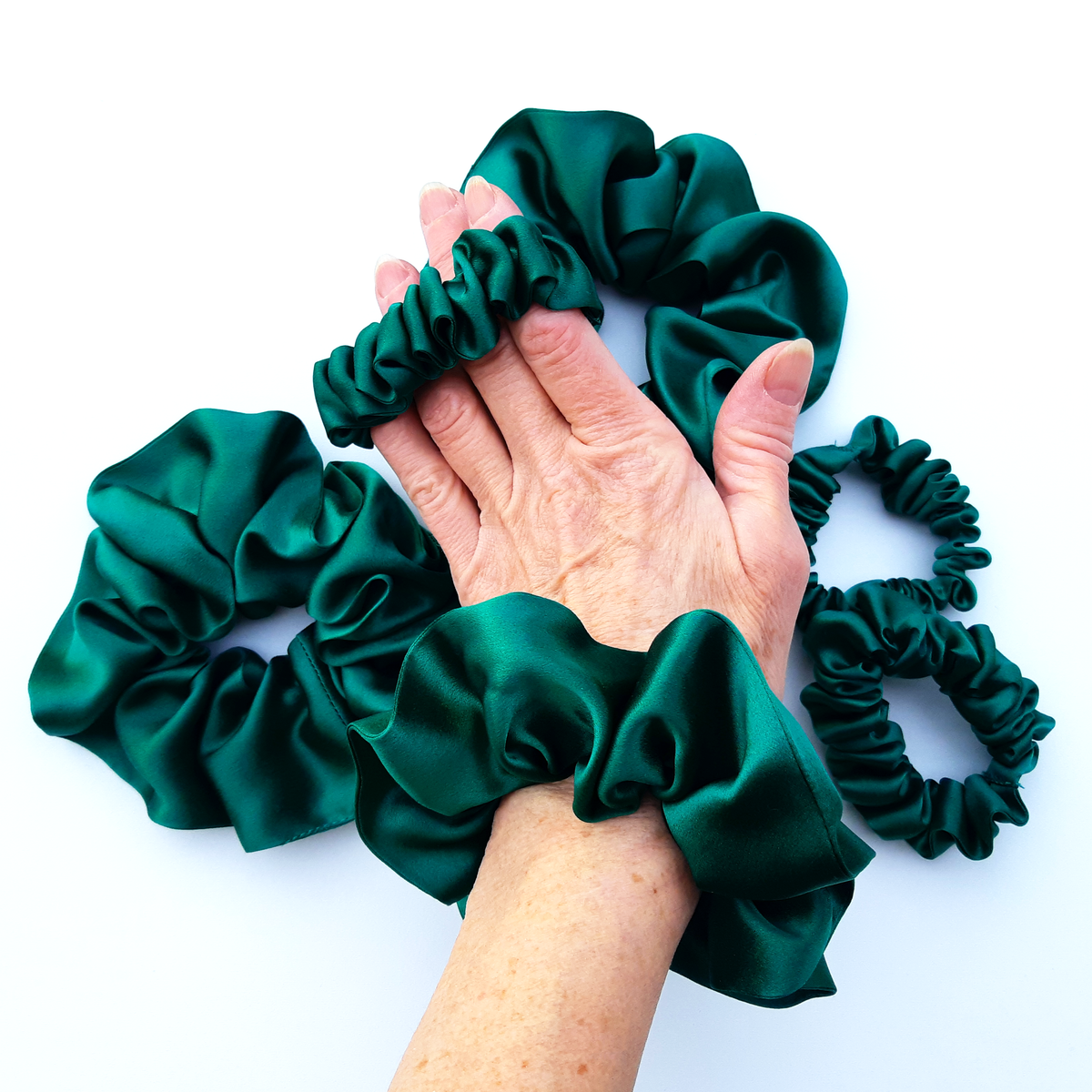 silk scrunchie hair fashion accessory and wrist wear made in Canada for hair pony tail bun 