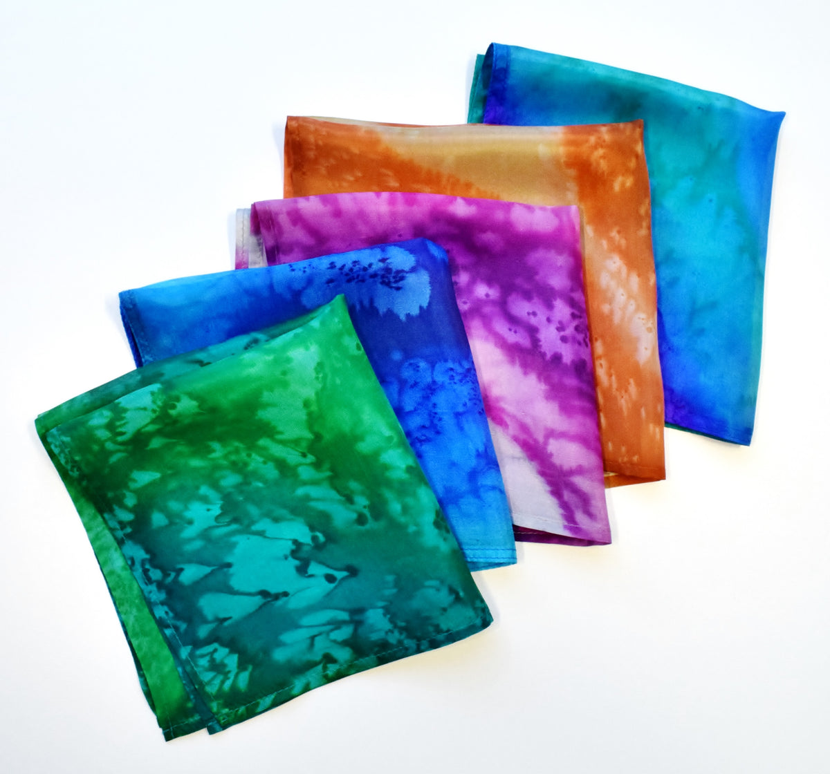 men's fashion accessory pure silk pocket square set green blue pink orange hand painted silk made by Lynne Kiel