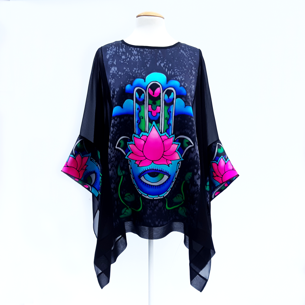 Pure silk black long caftan top for women hand painted hand of Fatima made by Lynne Kiel