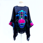 Pure silk black long caftan top for women hand painted hand of Fatima made by Lynne Kiel