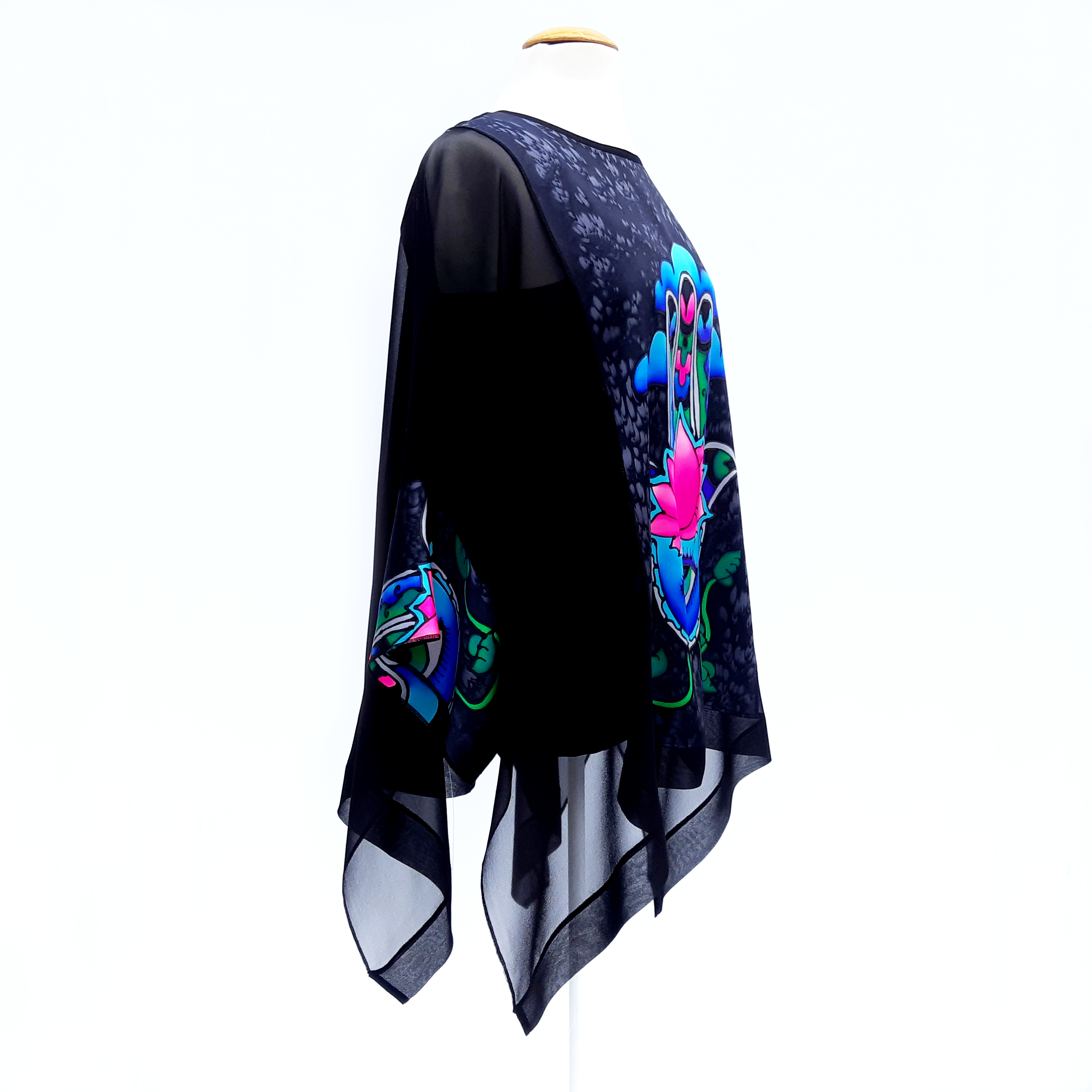 one size hand painted Hand of Fatima black caftan top hand painted blue silk made by Lynne Kiel