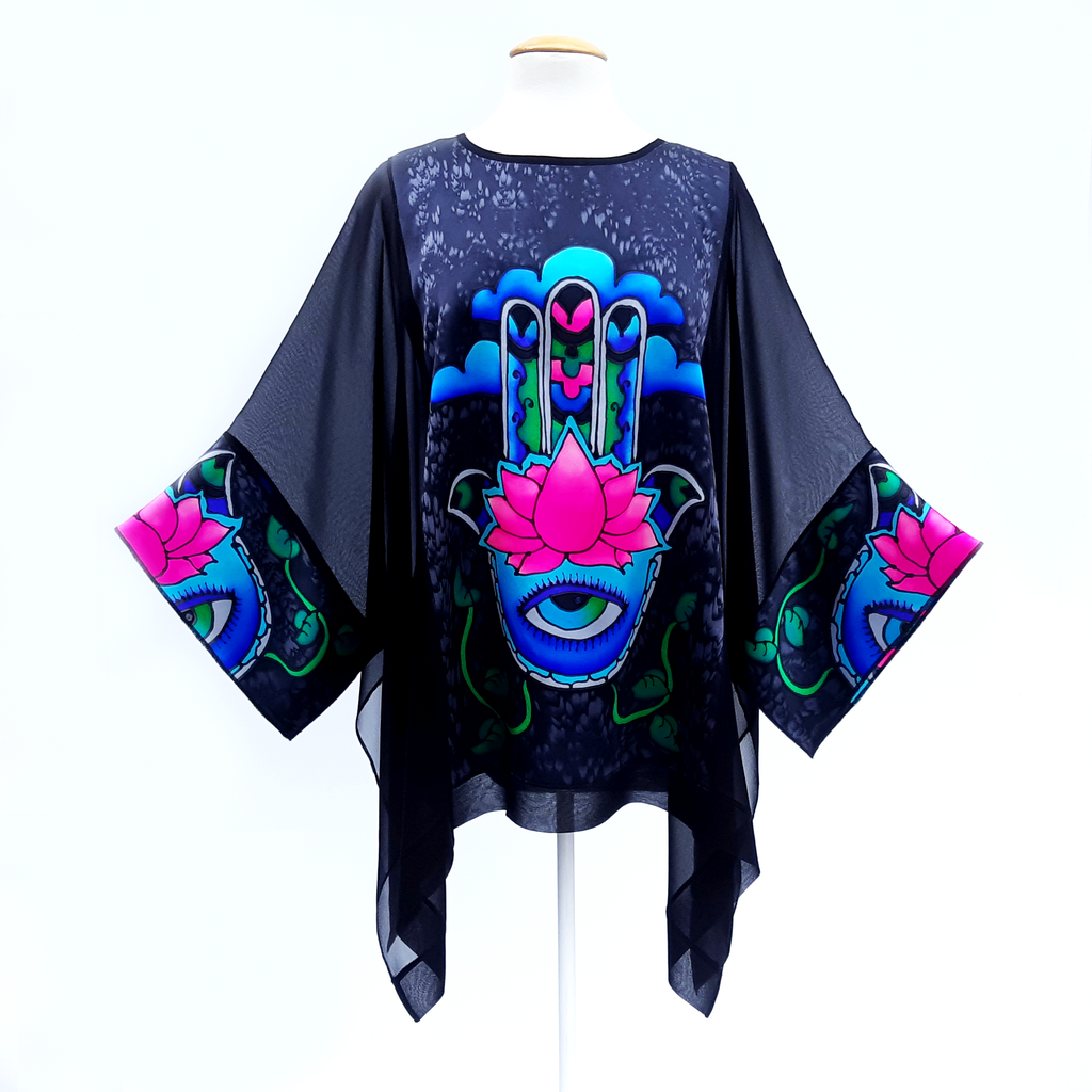 hand of Fatima painted silk black caftan top cruise wear and wedding outfit made by Lynne Kiel