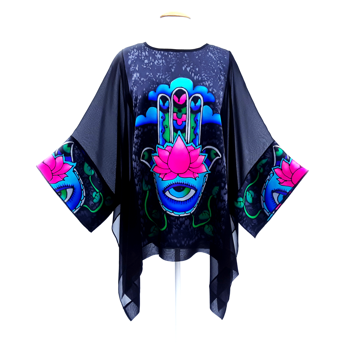 black ladies long top hand painted silk pink blue made in Canada by Lynne Kiel