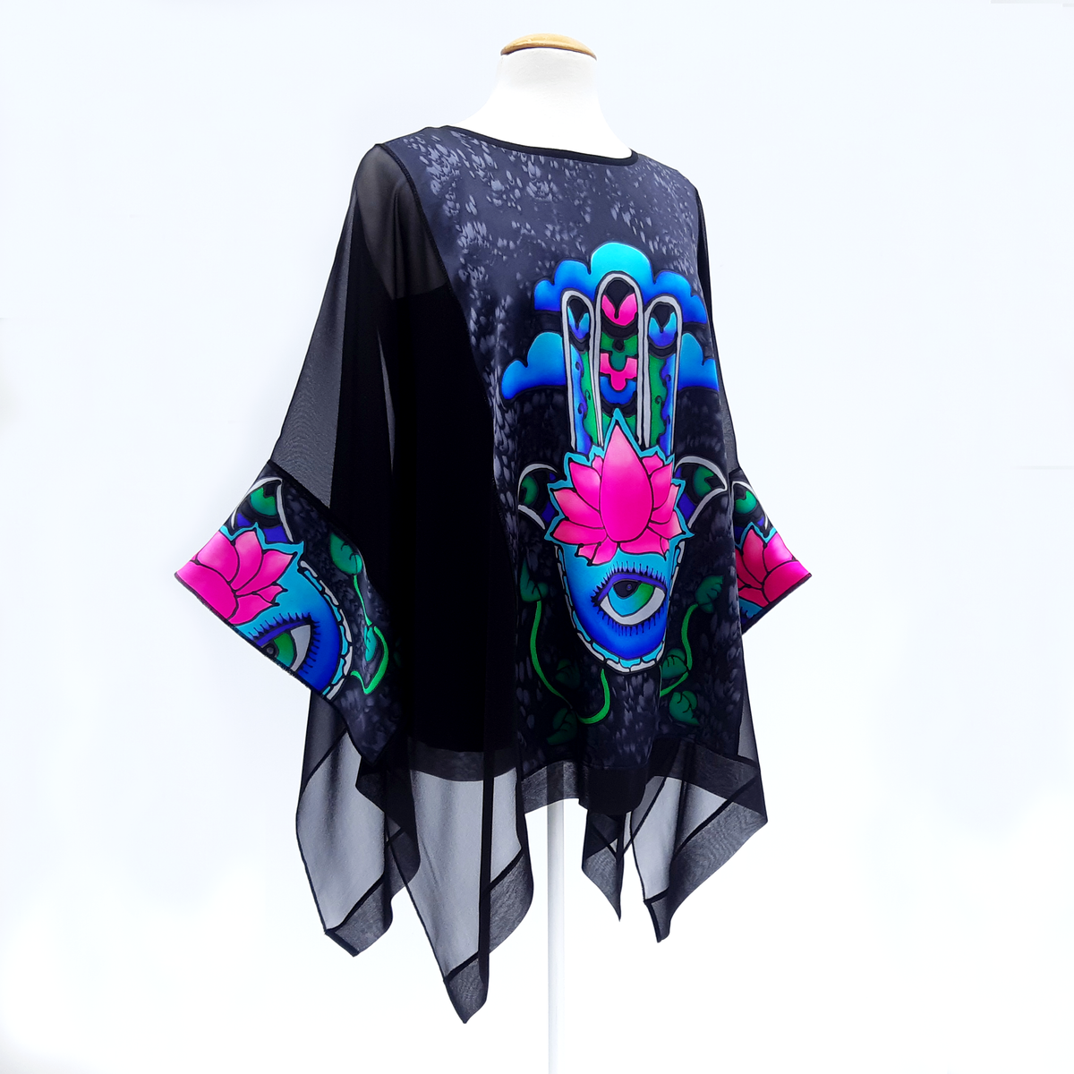 painted silk block caftan top one size cruise wear made in Canada by Lynne Kiel