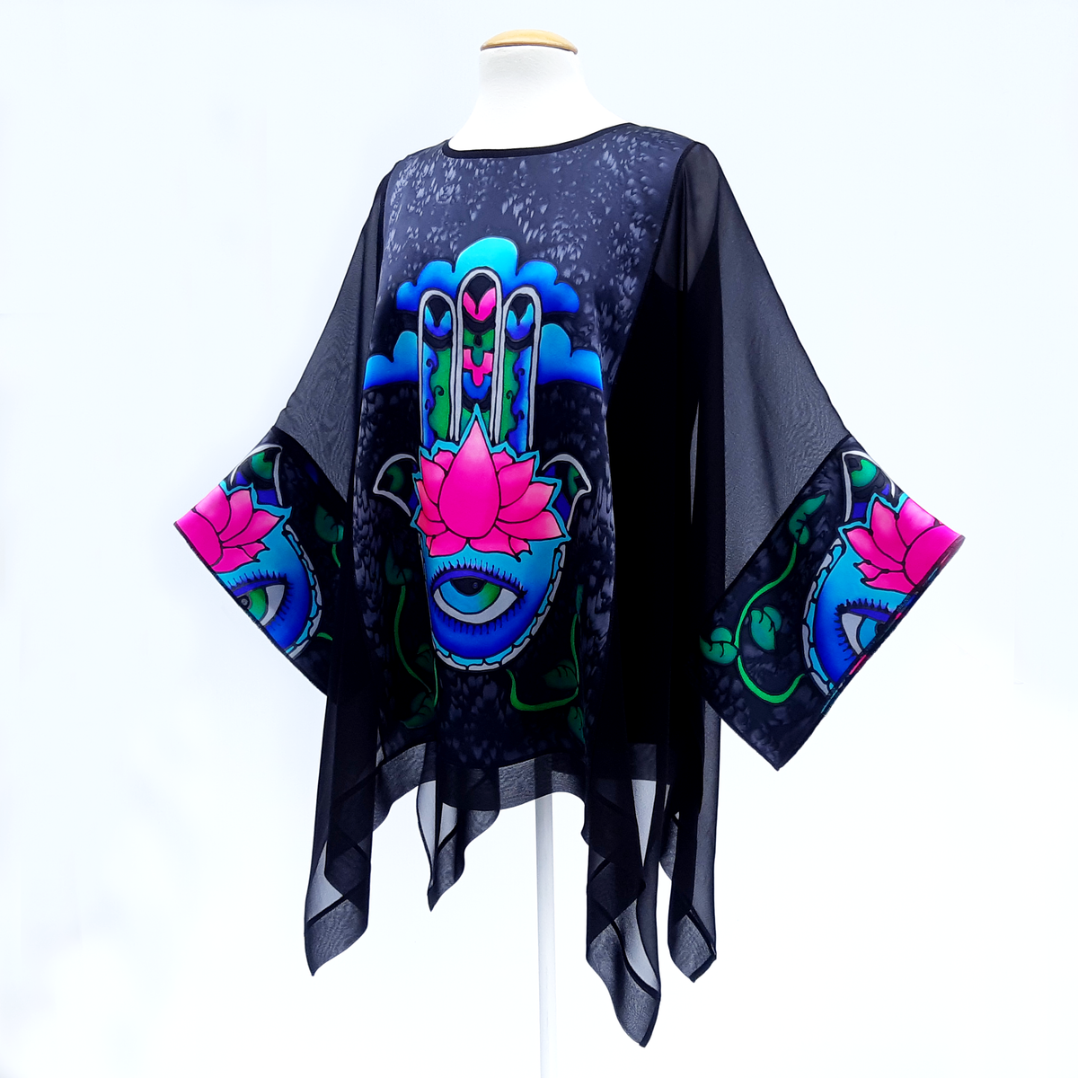 painted silk black long caftan top for women cruise wear made in Canada by Lynne Kiel