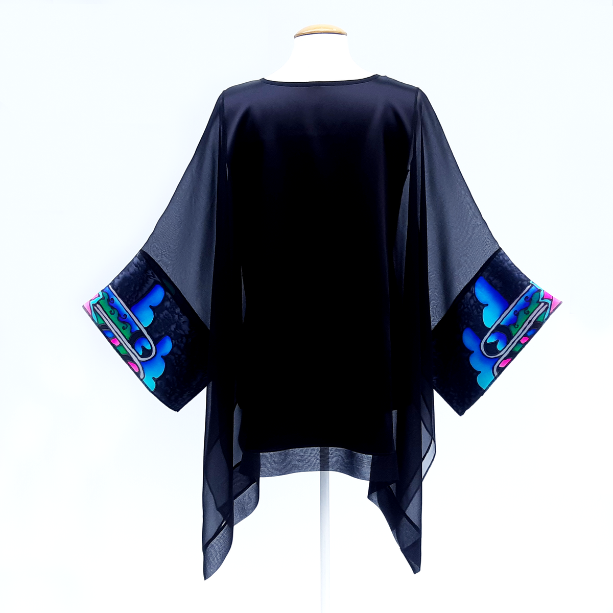 one size black caftan top colorful  hand painted  silk made by Lynne Kiel