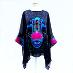 Load image into Gallery viewer, Pure silk black long caftan top for women hand painted hand of Fatima made by Lynne Kiel
