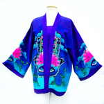 Load image into Gallery viewer, hand painted silk clothing purple Kimono jacket hand of Fatima made by Lynne Kiel

