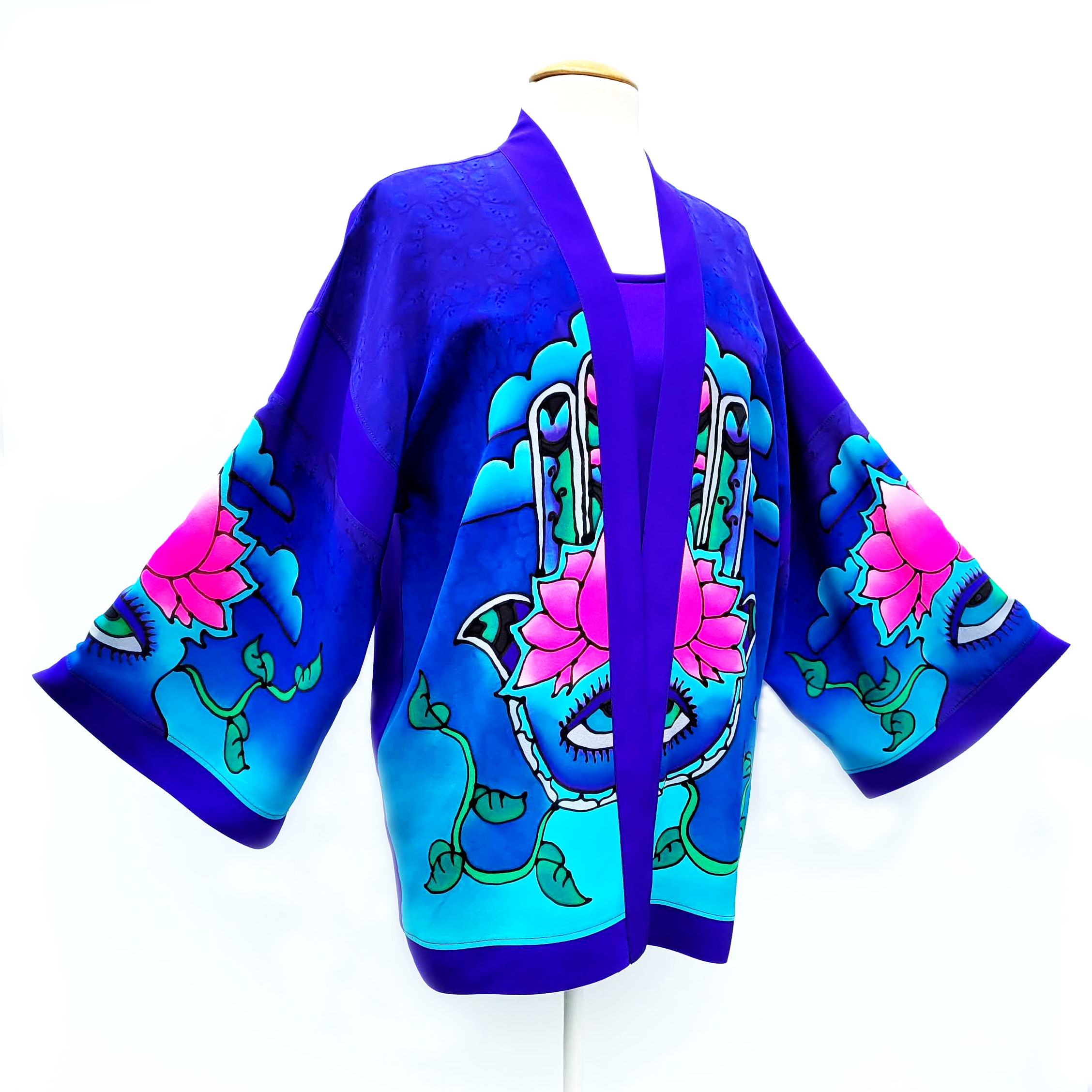 hand painted silk clothing for women purple Kimono jacket pink lotus flower design art made by Lynne Kiel