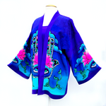 Load image into Gallery viewer, Hand painted silk clothing Purple Kimono Jacket third eye design art handmade by Lynne Kiel 
