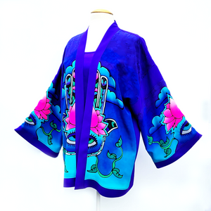 Hand painted silk clothing Purple Kimono Jacket third eye design art handmade by Lynne Kiel 