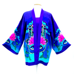 Load image into Gallery viewer, hand painted silk clothing purple Kimono Hand of Fatima art design handmade by Lynne Kiel
