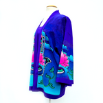 Load image into Gallery viewer, Purple silk Kimono hand painted pink Lotus flower art design handmade by Lynne Kiel
