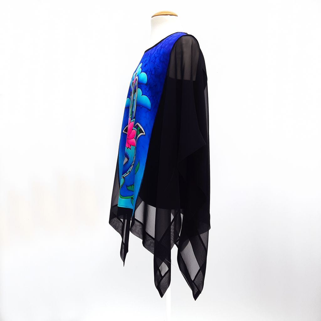 silk top black poncho style one size handmade by Lynne Kiel