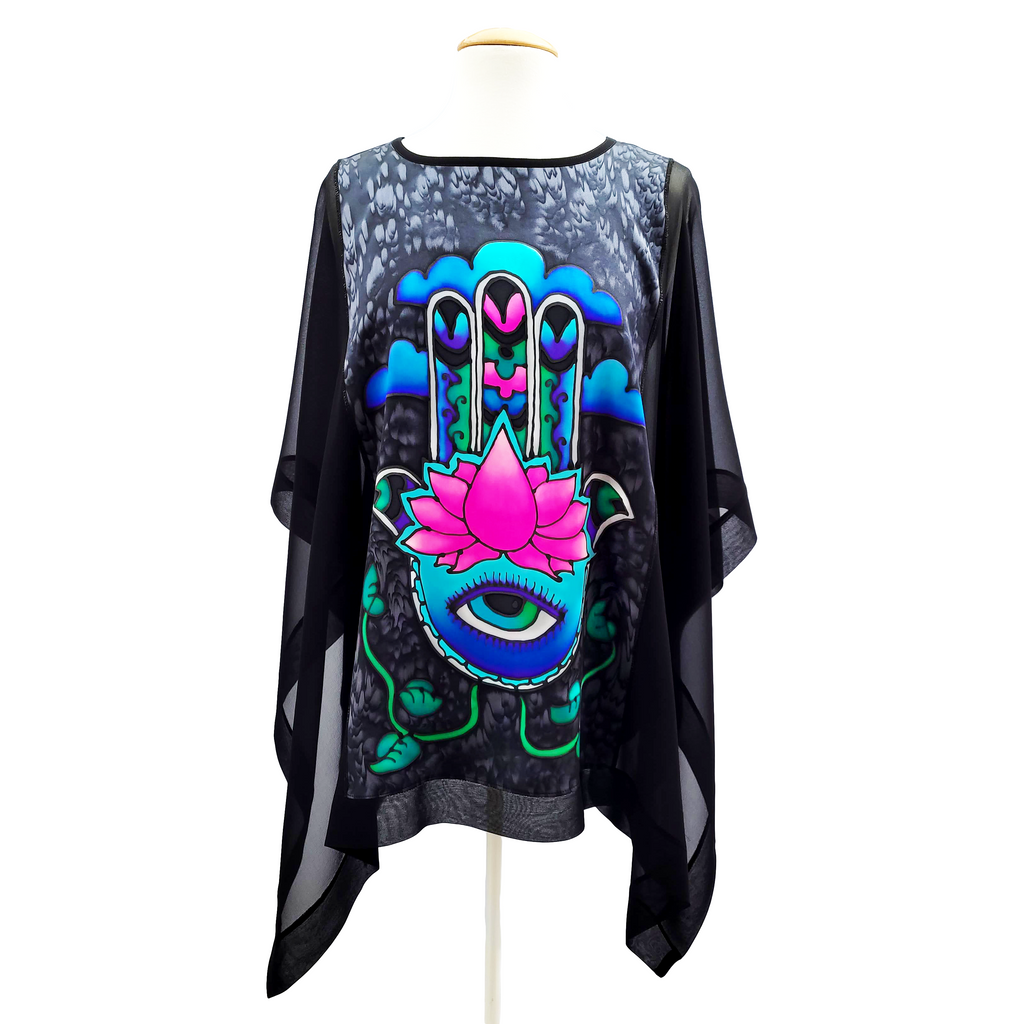 hand painted silk top for women hand of Fatima design art handmade by Lynne Kiel
