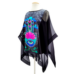 Load image into Gallery viewer, hand painted silk black top hand of Fatima design art handmade by Lynne Kiel 
