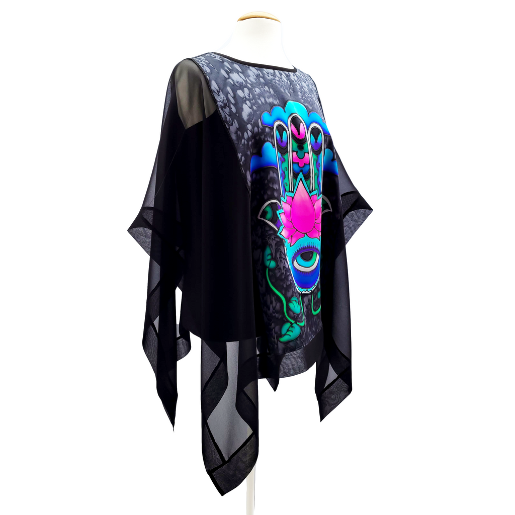 Hand of Fatima hand painted design art pure silk poncho top handmade by Lynne Kiel