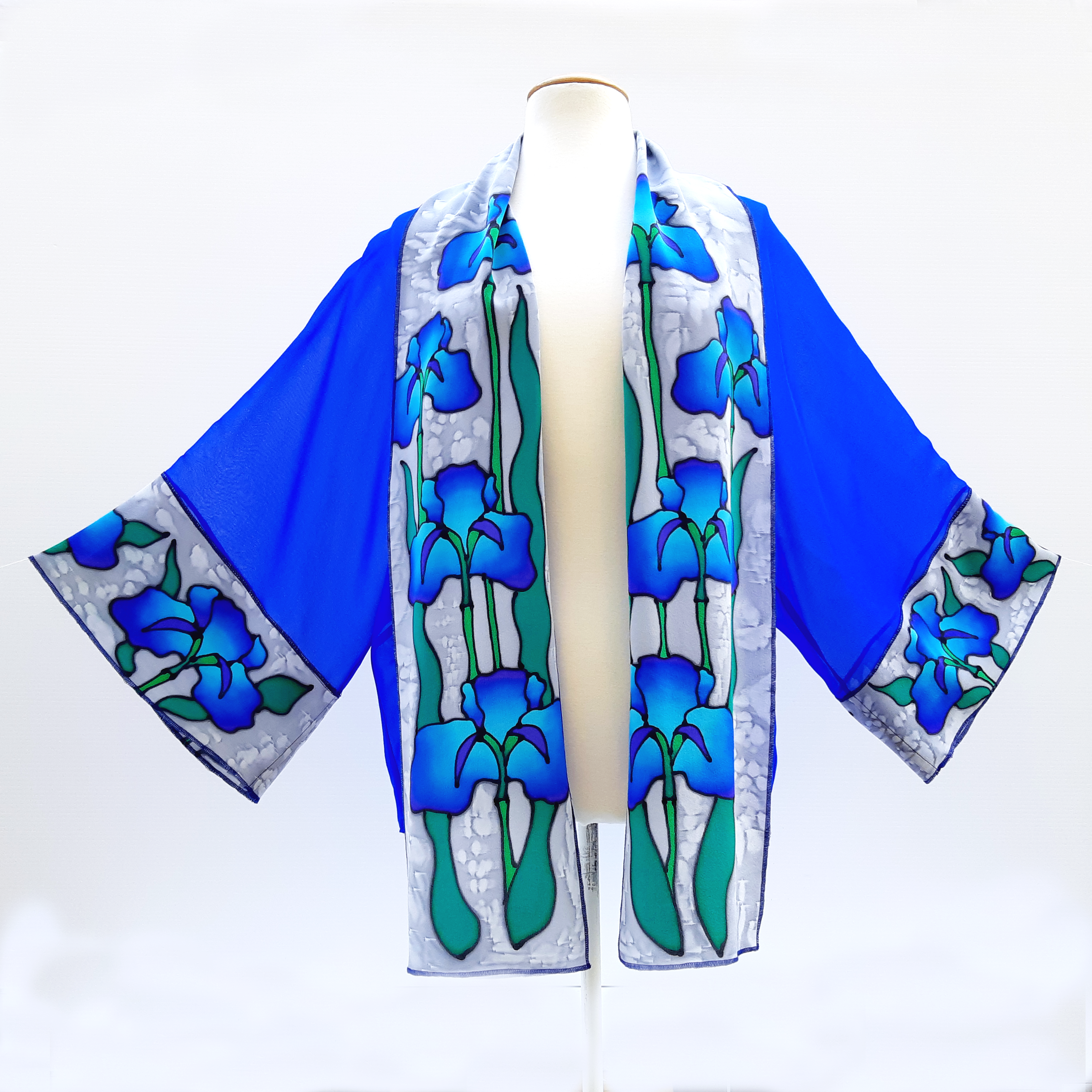 silk clothing hand painted blue iris flowers art design Kimono handmade by Lynne Kiel