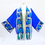 Load image into Gallery viewer, silk clothing hand painted blue iris flowers art design Kimono handmade by Lynne Kiel
