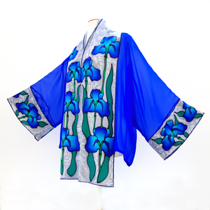 painted silk blue  kimono one size women's clothing handmade by Lynne Kiel