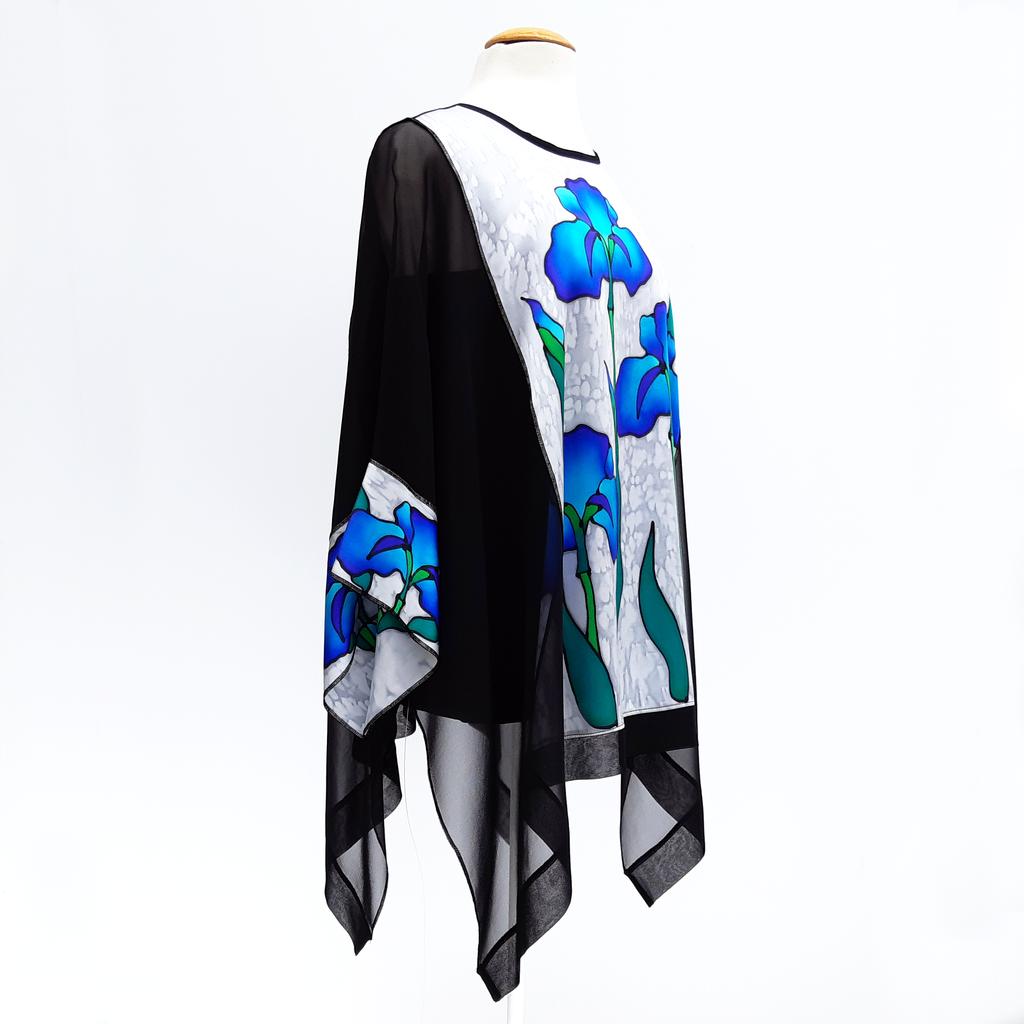 painted pure silk black caftan top one size ladies fashion top made by Lynne Kiel